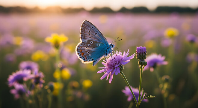 Blue Butterfly with Patterned Wings on Purple Wildflower - Macro Wildlife Nature in Warm Golden Light with Blurred Violet Garden Background - Powered by Adobe
