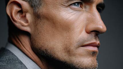 Obraz premium Close up profile portrait of serious mature caucasian man with confident expression. Handsome businessman in suit looking away with focus and determination