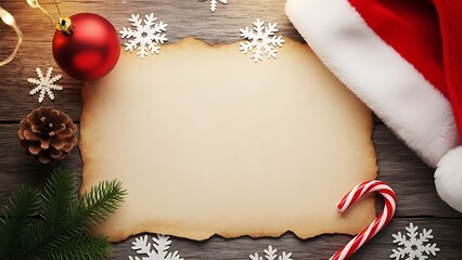 Christmas holiday background with blank paper santa hat and decorations