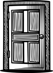 Vintage wooden door with rectangular panels and vertical lines, hand drawn black and white illustration