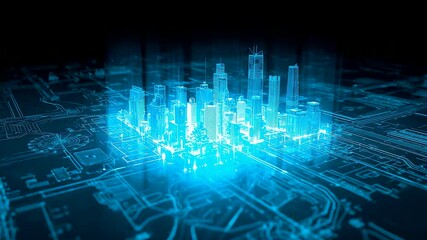 Digital neon city skyline emerging from glowing blue circuit board with modern skyscrapers, illuminated wires, and advanced urban technology concept - Powered by Adobe