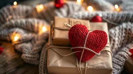 Handmade valentine aesthetic  red knitted heart on rustic gift box with cozy background lights
