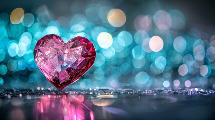 Elegant pink crystal heart on reflective surface with soft bokeh lights for luxury valentine s day