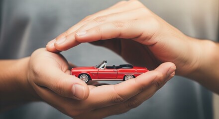 Hands protecting a small car model: Auto insurance concept