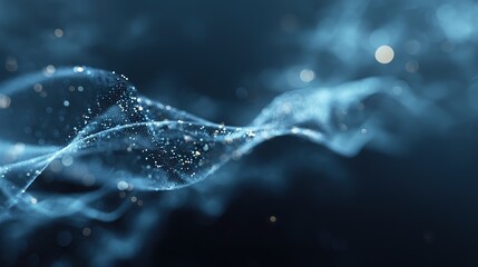 A serene and mysterious composition of a flowing wave structure made from countless shimmering blue light points with a soft curve against a blurred deep blue background