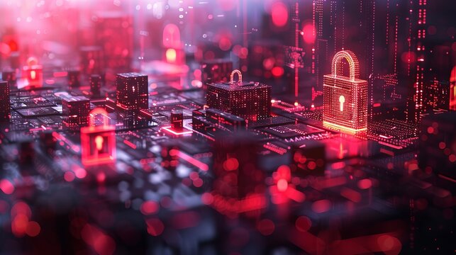 Digital security concept with glowing red padlocks on circuit board