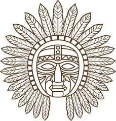 Obraz premium Tribal mask with feathered headdress ethnic ornamental line art face illustration