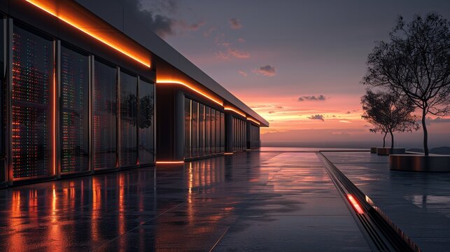 Modern data center building reflecting sunset digital data