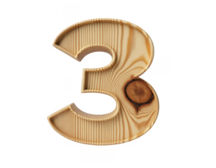 Three numeral carved from light wood with knot detail isolated on a transparent background