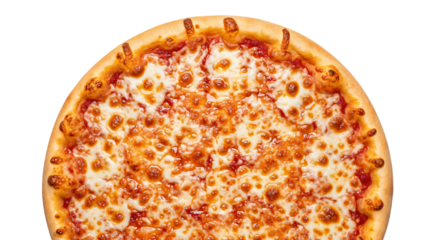 A high-resolution, close-up photograph of the upper half of a large, mozzarella cheese pizza against a transparent background.
