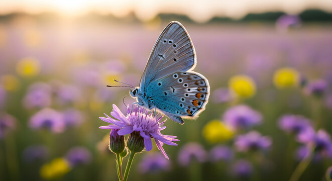 Blue Butterfly with Patterned Wings on Purple Wildflower - Macro Wildlife Nature in Warm Golden Light with Blurred Violet Garden Background