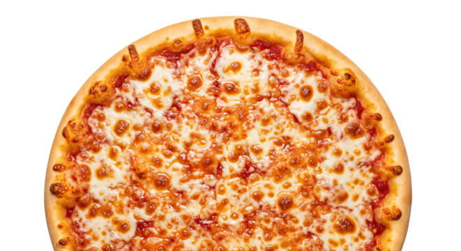 A high-resolution, close-up photograph of the upper half of a large, mozzarella cheese pizza against a transparent background.