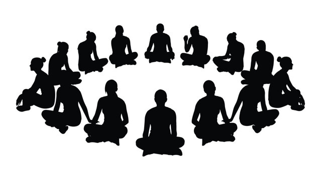 Meditating group circle silhouette isolated on white background, Vector