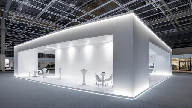 Bright modern exhibition booth with open seating area, clean white architecture, soft ambient lighting and contemporary minimalist design