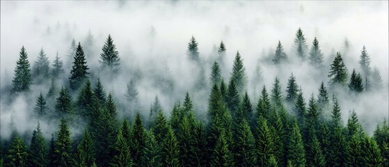 A dense forest of evergreen trees shrouded in soft, ethereal mist, creating a serene and atmospheric landscape.