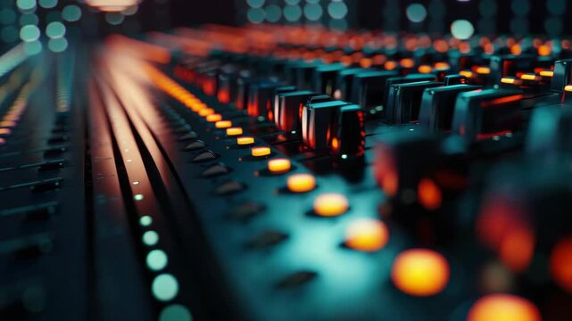 Close-up of sound mixing console with illuminated buttons and sliders at night