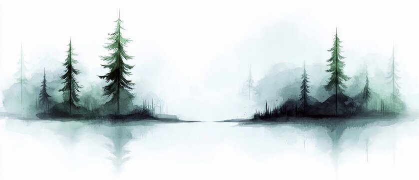 A serene watercolor painting of a misty forest with evergreen trees reflected in calm water, creating a peaceful and tranquil atmosphere.