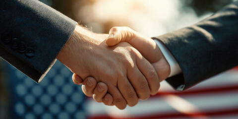 Handshake on the background of USA flag. Two men wearing business suits shaking their hands with a flag of United States on a background.