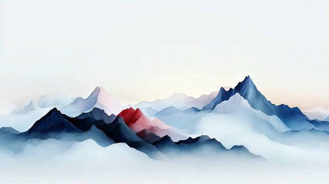 A serene landscape of misty, blue and dark mountains with a prominent red peak, rendered in a watercolor painting style. - Powered by Adobe
