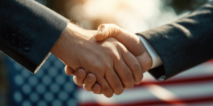 Handshake on the background of USA flag. Two men wearing business suits shaking their hands with a flag of United States on a background. - Powered by Adobe