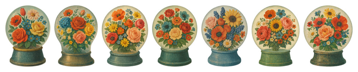 Obraz premium PNG Vintage floral snow globes collection, element set on transparent background
