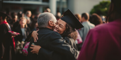 College or university student hugging their parent after the graduation ceremony.
