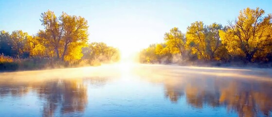 A serene river flows through a landscape of trees with golden autumn foliage, illuminated by the bright, misty light of sunrise.