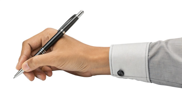 Hand holding pen, writing ideas, signing documents