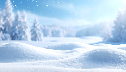 Beautiful close-up of fresh snowdrifts with a snowy forest and bright blue sky in the blurred background. Ideal winter background with ample copy space for text or product display.