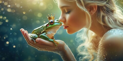 Naklejka premium Young beautiful princess kissing a frog. Fairytale illustration.
