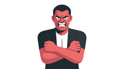 A person with angry facial expressions, arms crossed.
