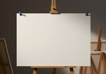 Empty blank canvas on an easel in a dimly lit artist's studio. A blank canvas sits on a wooden easel, ready for art in a dimly lit artist's studio.