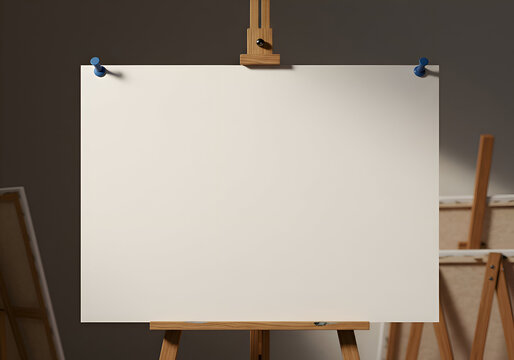Empty blank canvas on an easel in a dimly lit artist's studio. A blank canvas sits on a wooden easel, ready for art in a dimly lit artist's studio.