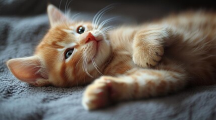 Adorable ginger kitten lying on a soft gray blanket, relaxing peacefully in warm natural light.