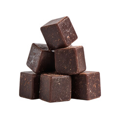 A delicious stack of rich, dark chocolate fudge cubes, showcasing tempting texture and sweet indulgence, ideal for dessert or snack, isolated on transparent background