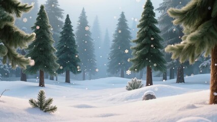 Snow-covered forest with fir trees and gentle snowfall, crafted from felt for a soft and cozy look. Peaceful winter scene with snowdrifts and falling snowflakes. Handmade decor. - Powered by Adobe