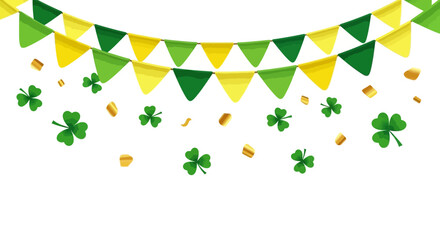 St. Patrick's Day festive background with green and yellow bunting, shamrocks, and golden confetti on a white backdrop.