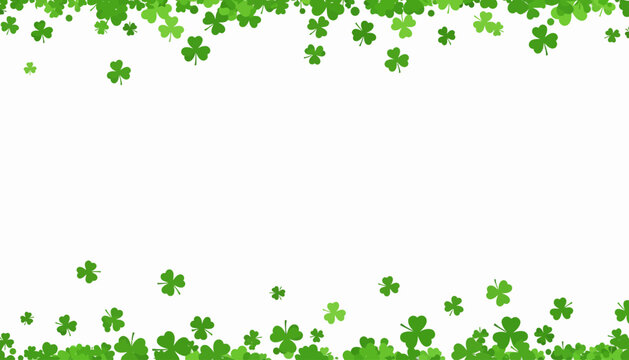 A white background framed by scattered green shamrocks and clovers at the top and bottom, creating a festive border.