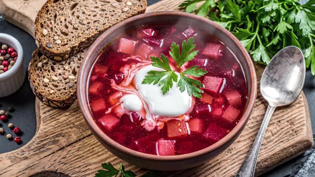 Warm, savory borscht soup with rye bread: A delicious and healthy Eastern European meal