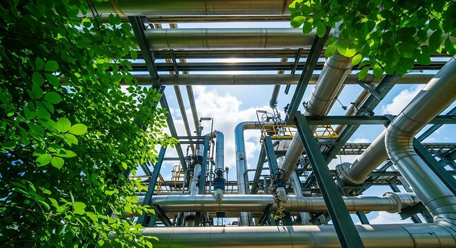 Industrial landscape featuring a complex network of pipelines and support structures contrasting with vibrant green foliage creating a sense of environmental awareness