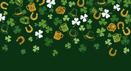 A festive St. Patrick's Day background with shamrocks, leprechaun hats, horseshoes, and beer mugs on a dark green backdrop.