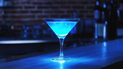 Blue cocktail in martini glass on bar counter, close-up