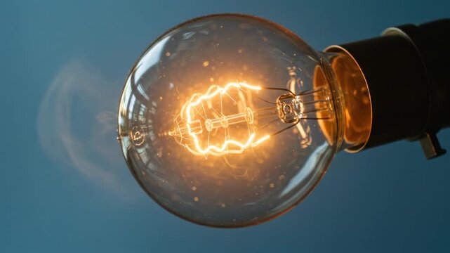 Closeup of a lit incandescent light bulb against a blue background