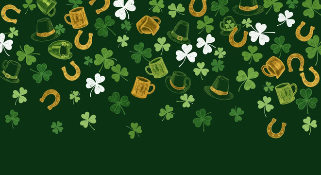 A festive St. Patrick's Day background with shamrocks, leprechaun hats, horseshoes, and beer mugs on a dark green backdrop.
