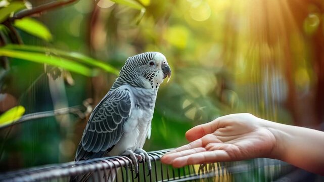 Parakeet perched on cage near human hand