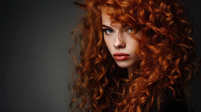 Beautiful model girl with long red curly hair .Red head