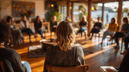 Group of individuals engages in sober and curious discussion, showcasing movement and connection in warm, inviting space