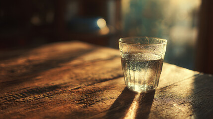 Glass of water sits on wooden table reflecting light with sober and curious ambiance, capturing essence of movement in scene