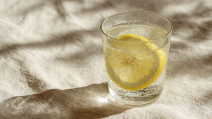 Refreshing sober drink with curious lemon slice and sparkling movement of bubbles in glass on soft fabric background