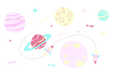 Whimsical space illustration with smiling planets, rockets, and stars. Cute pastel design perfect for kids, nursery, or educational projects.